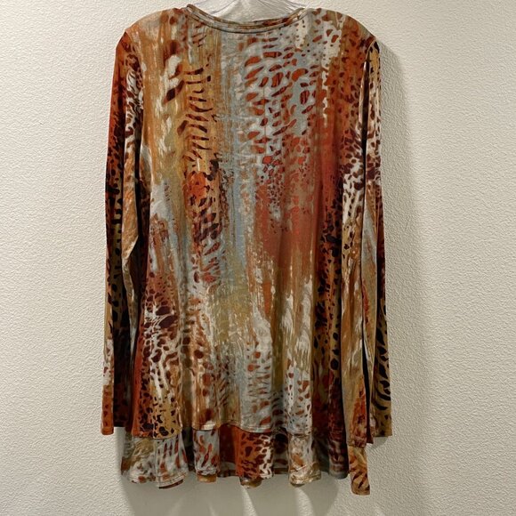 LOGO by LORI GOLDSTEIN Long Sleeve Animal Print Jersey Tunic Ruffle, Rust - M - Picture 2 of 12